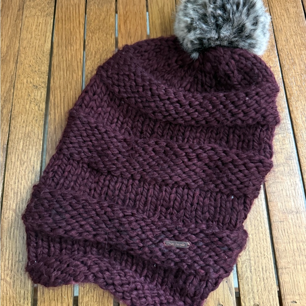 Free People Plum Scrunch Knit Beanie with Faux Fur Pom